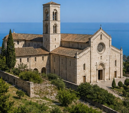 Illustration de l'Abbazia di San Giovanni in Venere et de son campanile, face à la mer Adriatique.
