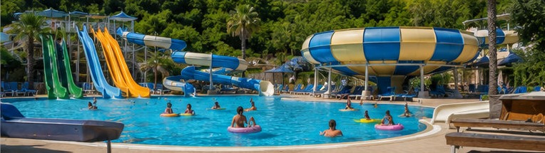 Illustration des toboggans colorés et de la piscine de l'Acquapark Onda Blu, avec des visiteurs profitant des bouées.
