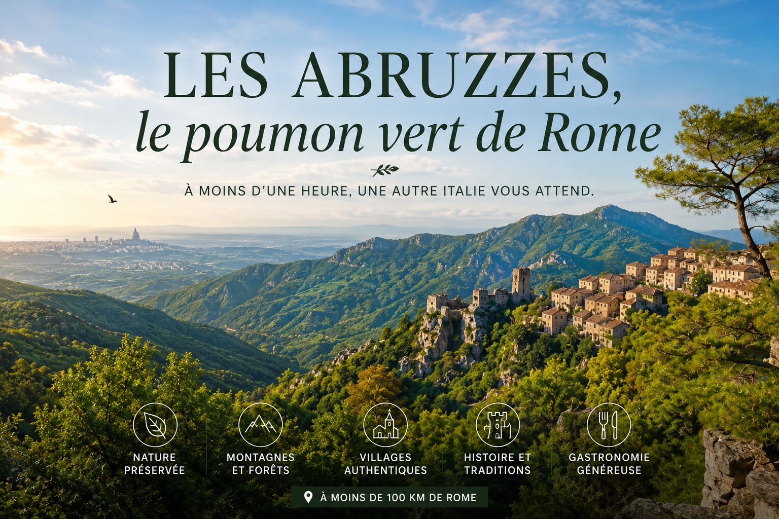 Affiche « Les Abruzzes, le poumon vert de Rome, à moins d'une heure une autre Italie vous attend » : un village perché sur un piton rocheux au milieu des montagnes boisées, avec Rome visible au loin, et les thèmes nature préservée, montagnes et forêts, villages authentiques, histoire et traditions, gastronomie généreuse, à moins de 100 km de Rome.