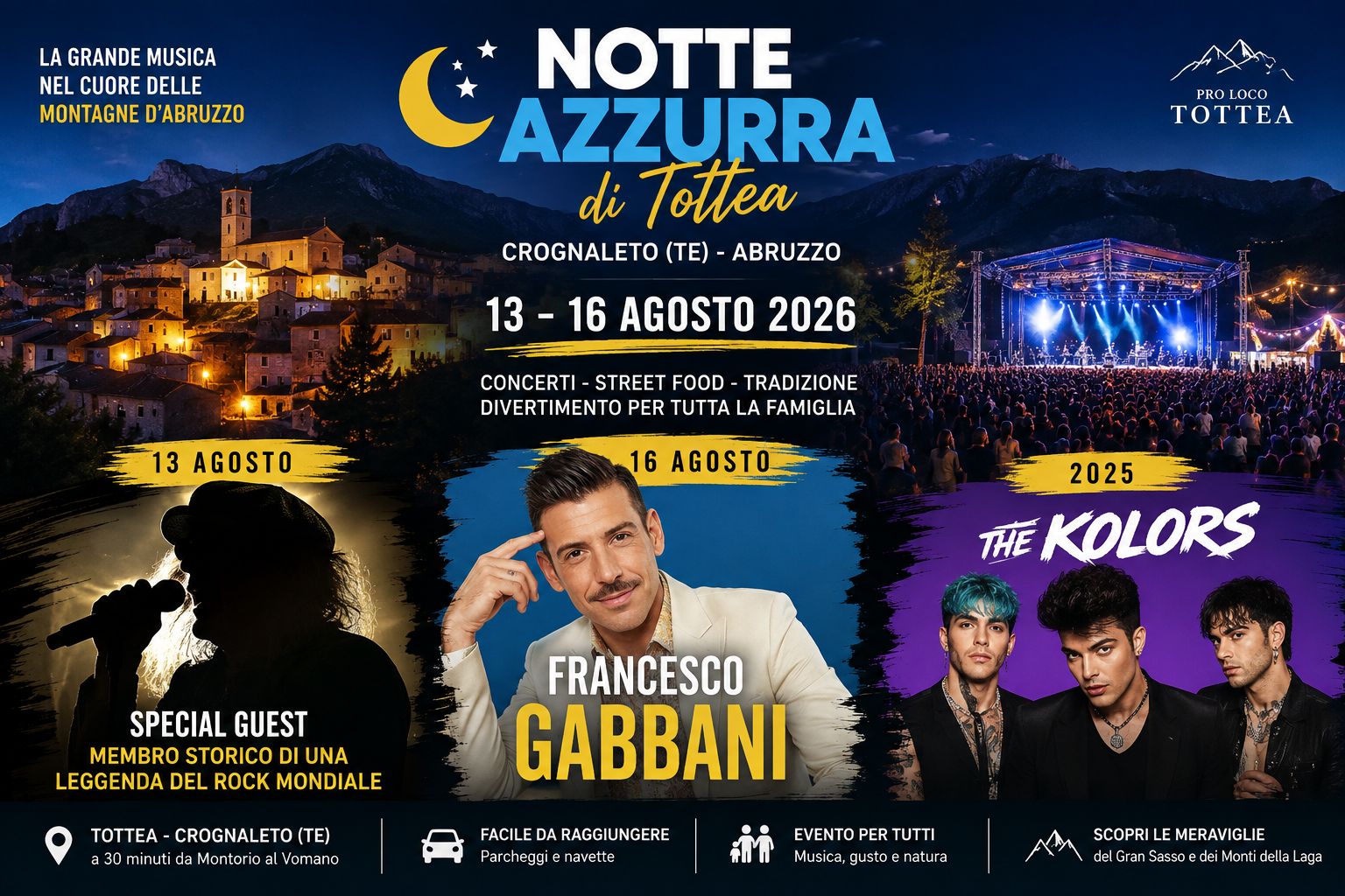 Affiche officielle de la Notte Azzurra di Tottea 2026, Pro Loco Tottea : Crognaleto (TE), 13-16 août 2026, avec le village de Tottea de nuit, la scène du festival, et les artistes à l'affiche (special guest du 13 août, Francesco Gabbani le 16 août, The Kolors en 2025).