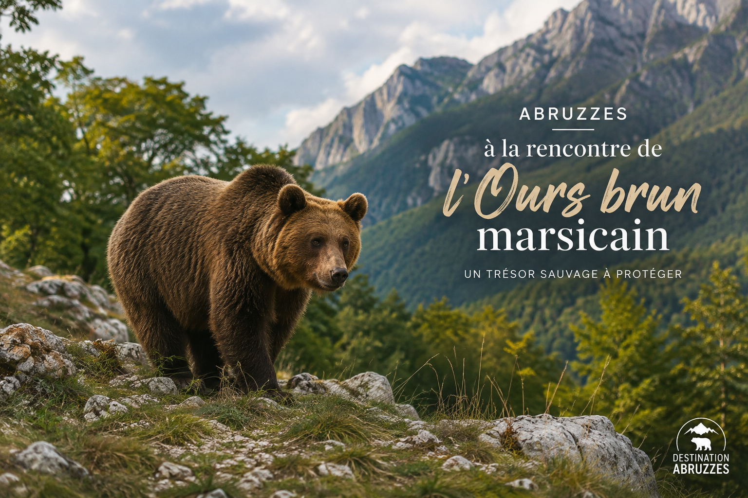 Affiche « Abruzzes, à la rencontre de l'Ours brun marsicain, un trésor sauvage à protéger », avec un ours brun marsicain sur un flanc rocheux et boisé, les montagnes des Abruzzes en arrière-plan.