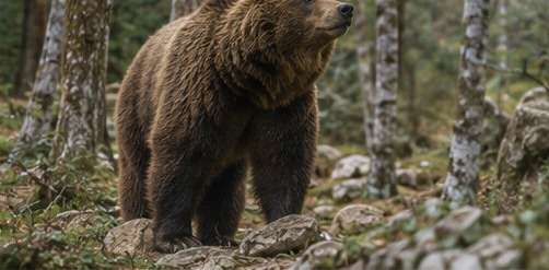 Illustration d'un ours brun marsicain dans son enclos boisé, à l'Area Faunistica dell'Orso Bruno Marsicano de Palena.
