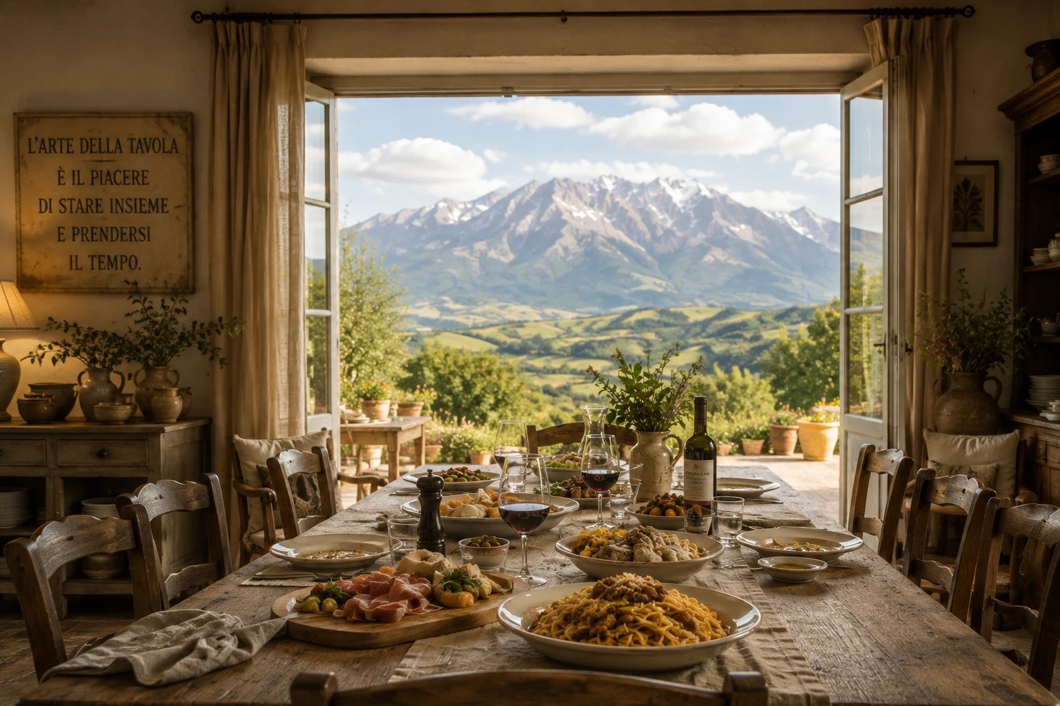 Illustration d'une table italienne dressée avec antipasti, pasta et vin, face à une fenêtre ouverte sur les montagnes des Abruzzes, avec la citation « L'arte della tavola è il piacere di stare insieme e prendersi il tempo » encadrée au mur.