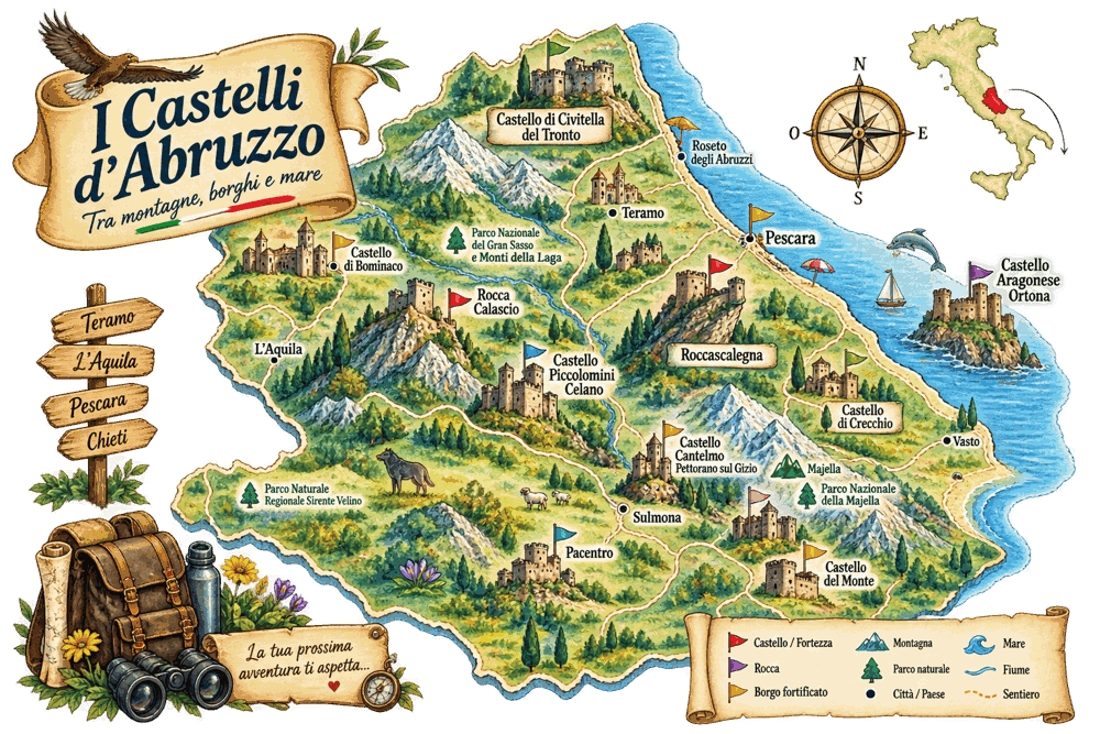 Carte illustrée « I Castelli d'Abruzzo — Tra montagne, borghi e mare », avec les châteaux, montagnes, parcs et villes de la région