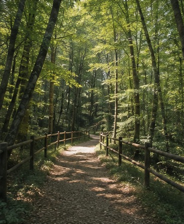 Illustration d'un sentier ombragé sous les hêtres du Bosco di Sant'Antonio, bordé de barrières en bois.