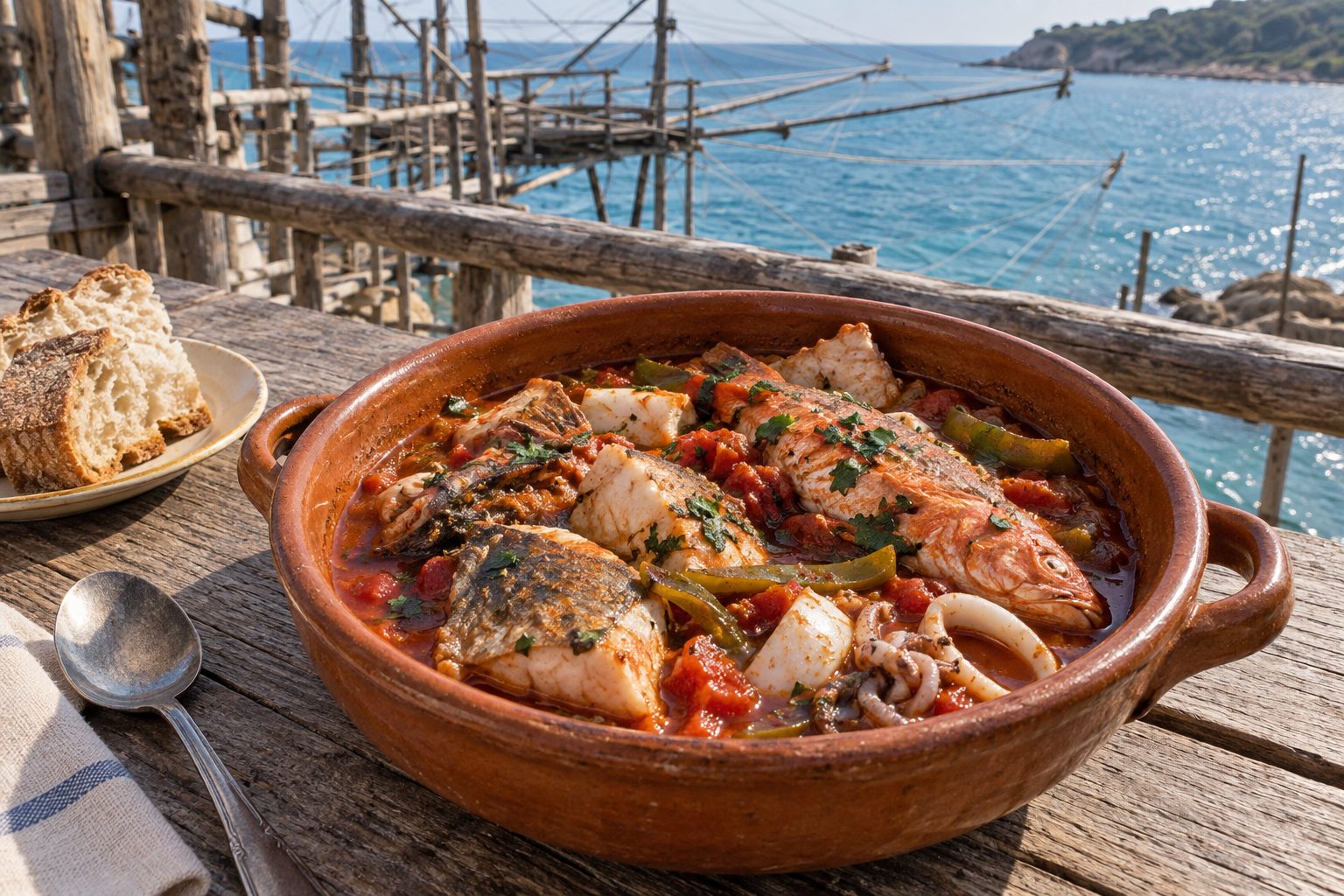 Un brodetto de poisson servi dans un plat en terre cuite sur la terrasse en bois d'un trabocco face à l'Adriatique, avec du pain et une cuillère.