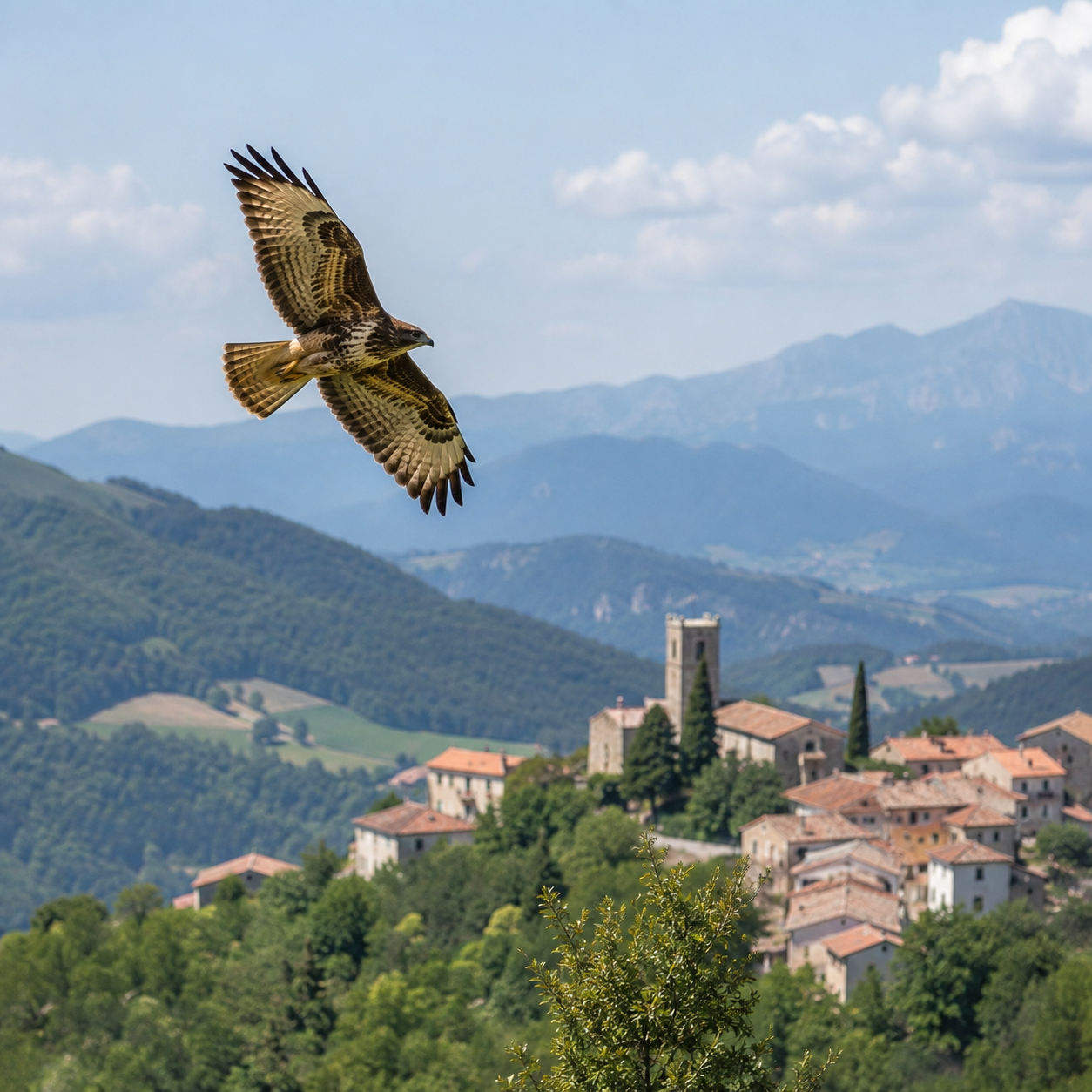 Une buse variable en plein vol, ailes déployées, au-dessus d'un village perché des Abruzzes entouré de forêts et de collines, avec les montagnes en arrière-plan.