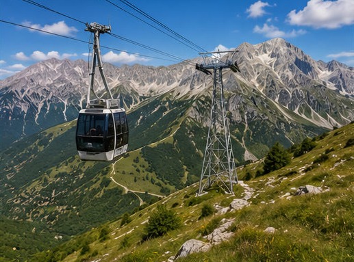 Illustration de la cabine de la Cabinovia Prati di Tivo survolant l'alpage, face aux sommets du Gran Sasso.