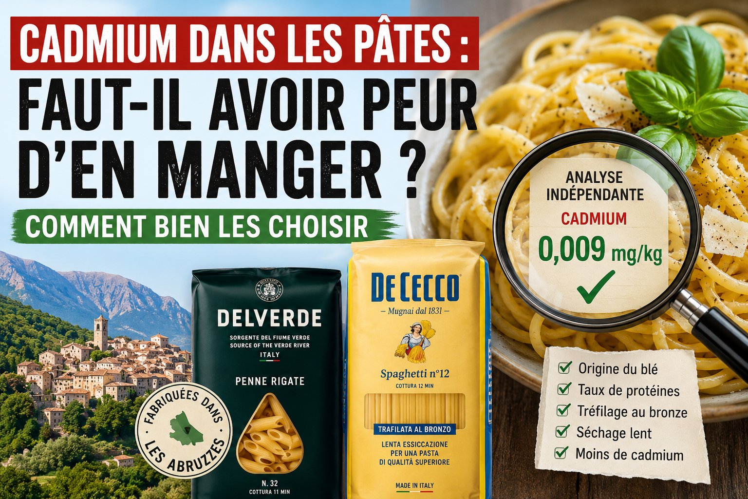 Illustration "Cadmium dans les pâtes : faut-il avoir peur d'en manger ? Comment bien les choisir", avec un paquet de penne Delverde et un paquet de spaghetti De Cecco tréfilé au bronze devant un village des Abruzzes en montagne, une assiette de spaghetti et une loupe affichant le résultat d'une analyse indépendante de cadmium à 0,009 mg/kg.