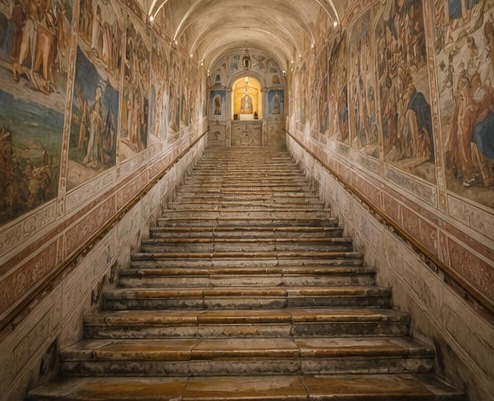 Illustration de l'intérieur de la Scala Santa de Campli, escalier de bois encadré de fresques anciennes menant à l'autel.