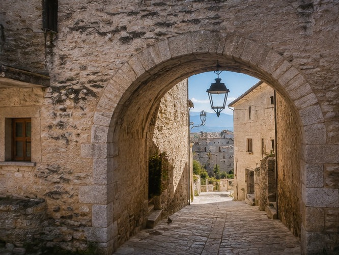 Illustration d'une arche de pierre du village de Castel del Monte, ouvrant sur une ruelle pavée et le panorama montagneux au loin.