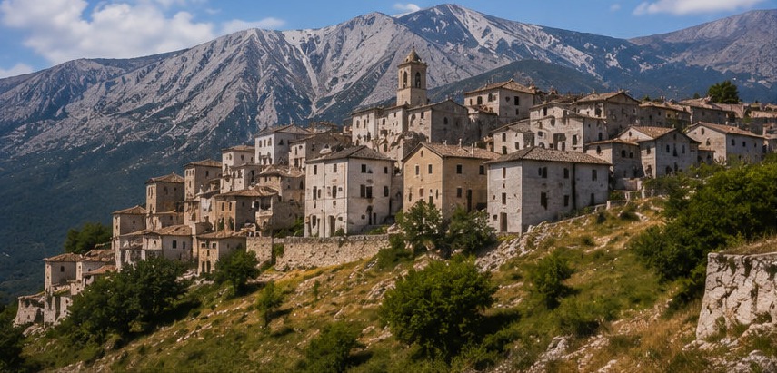 Illustration du village de Castel del Monte accroché à son éperon, face aux crêtes du Gran Sasso.