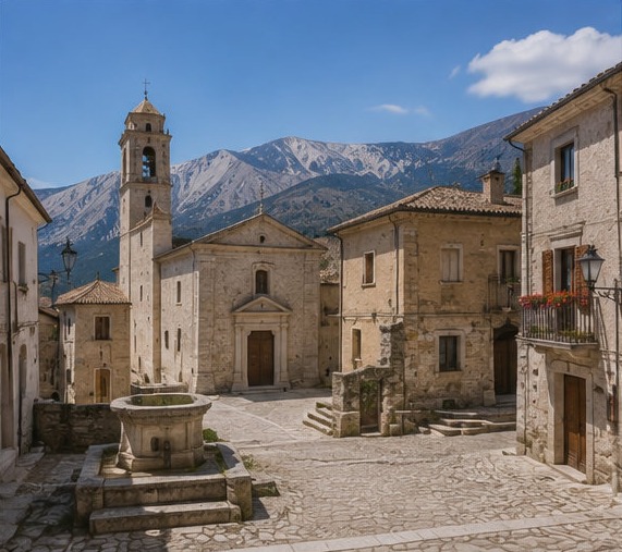 Illustration de la petite place de Castel del Monte, son église et son campanile, face aux crêtes enneigées du Gran Sasso.