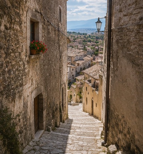 Illustration d'une ruelle en pente de Castel del Monte, façades de pierre fleuries et vue sur la vallée en contrebas.