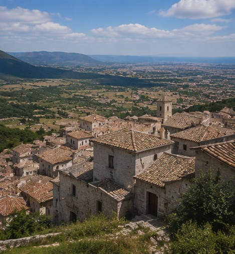 Illustration des toits de tuiles de Castel del Monte vus depuis les hauteurs du village, avec la plaine en arrière-plan.