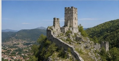 Le sentier d'accès à Castel Manfrino longeant l'éperon rocheux, à pic sur la vallée.