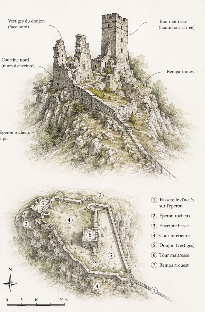 Croquis archéologique annoté de Castel Manfrino, présentant la tour maîtresse, les vestiges du donjon, la courtine nord et le rempart ouest.