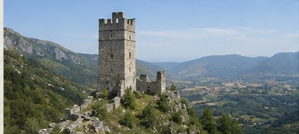 La tour maîtresse en ruine de Castel Manfrino, seule section encore élevée du château.