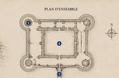 Plan schématique du Castello Aragonese di Ortona, montrant son enceinte carrée et ses quatre bastions circulaires d'angle.