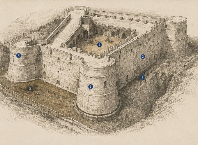 Croquis architectural annoté du Castello Aragonese di Ortona, présentant les bastions ronds, l'enceinte murarie, l'entrée principale, la cour intérieure et le fossé sec.