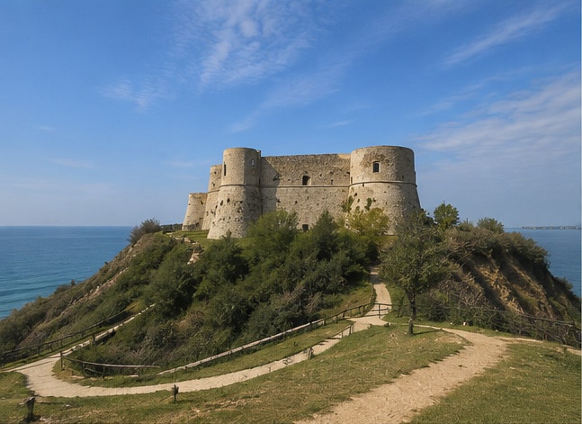 Le Castello Aragonese di Ortona sur son promontoire face à la mer Adriatique, entouré de verdure.