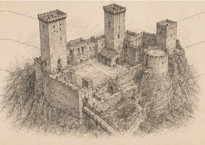 Croquis architectural annoté du Castello Caldora di Pacentro, présentant la tour nord, la tour maîtresse, la tour sud, la tour cylindrique et la cortina muraria.