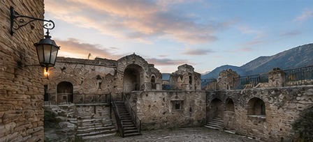 Une cour intérieure en ruine du Castello Caldoresco di Vasto, au coucher du soleil.