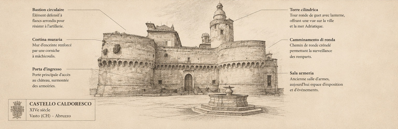 Croquis architectural annoté du Castello Caldoresco di Vasto, présentant le bastion circulaire, la cortina muraria, la porta d'ingresso, la torre cilindrica, le camminamento di ronda et la sala armeria.