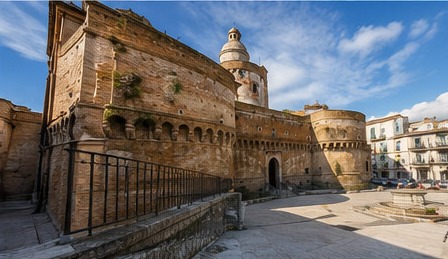 Vue latérale du Castello Caldoresco di Vasto depuis la place, chemin de ronde crénelé visible.