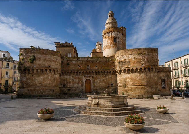Le Castello Caldoresco di Vasto vu depuis la place, avec sa tour ronde et sa fontaine au premier plan.