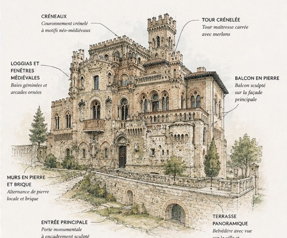 Croquis architectural annoté du Castello della Monica, présentant les créneaux, la tour crénelée, les loggias et fenêtres médiévales, le balcon en pierre, les murs en pierre et brique, l'entrée principale et la terrasse panoramique.