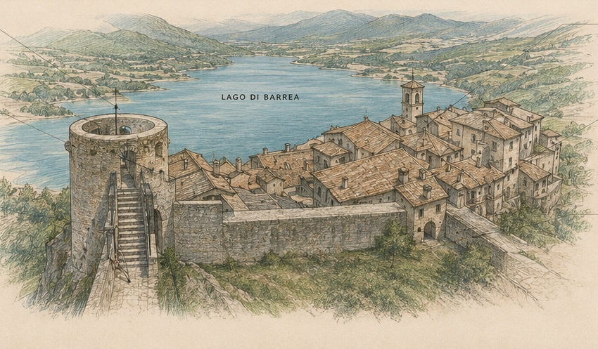 Croquis illustré du Castello di Barrea, présentant la tour circulaire, les remparts, le bourg médiéval et l'église San Tommaso au bord du lac.