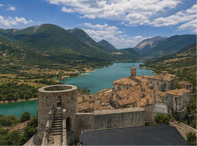Vue depuis la tour circulaire du Castello di Barrea sur le village perché et le lac de Barrea, montagnes en arrière-plan.