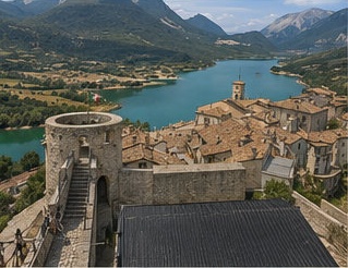 La tour du Castello di Barrea dominant les toits du village et le lac en arrière-plan.