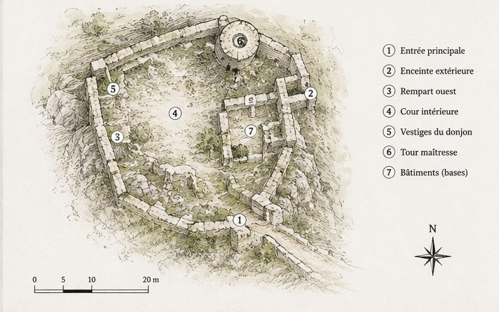 Plan schématique des ruines du Castello di Bominaco, montrant l'enceinte, la cour intérieure et les vestiges du donjon.