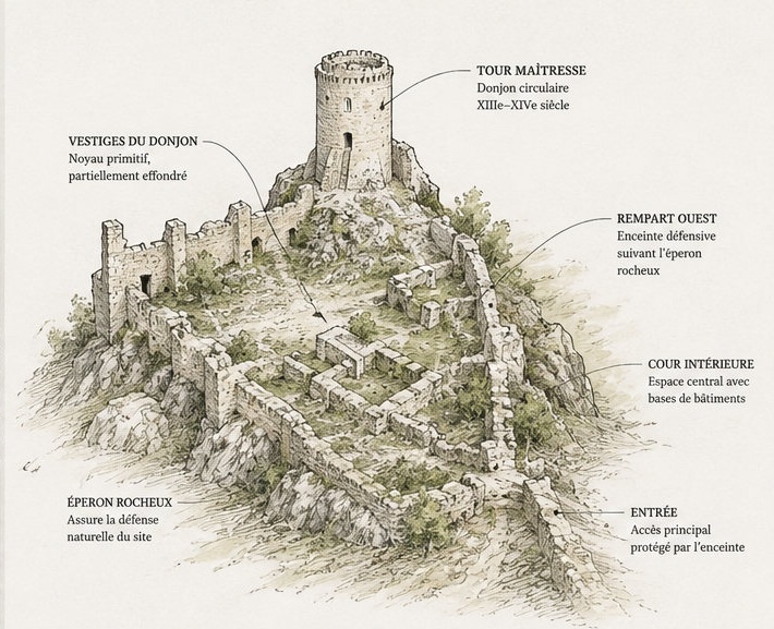 Croquis archéologique annoté du Castello di Bominaco, présentant les vestiges du donjon, le rempart ouest, la cour intérieure et l'entrée.