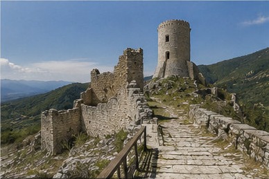 Le chemin d'accès pavé menant à l'enceinte en ruine du Castello di Bominaco, avec le donjon circulaire au loin.