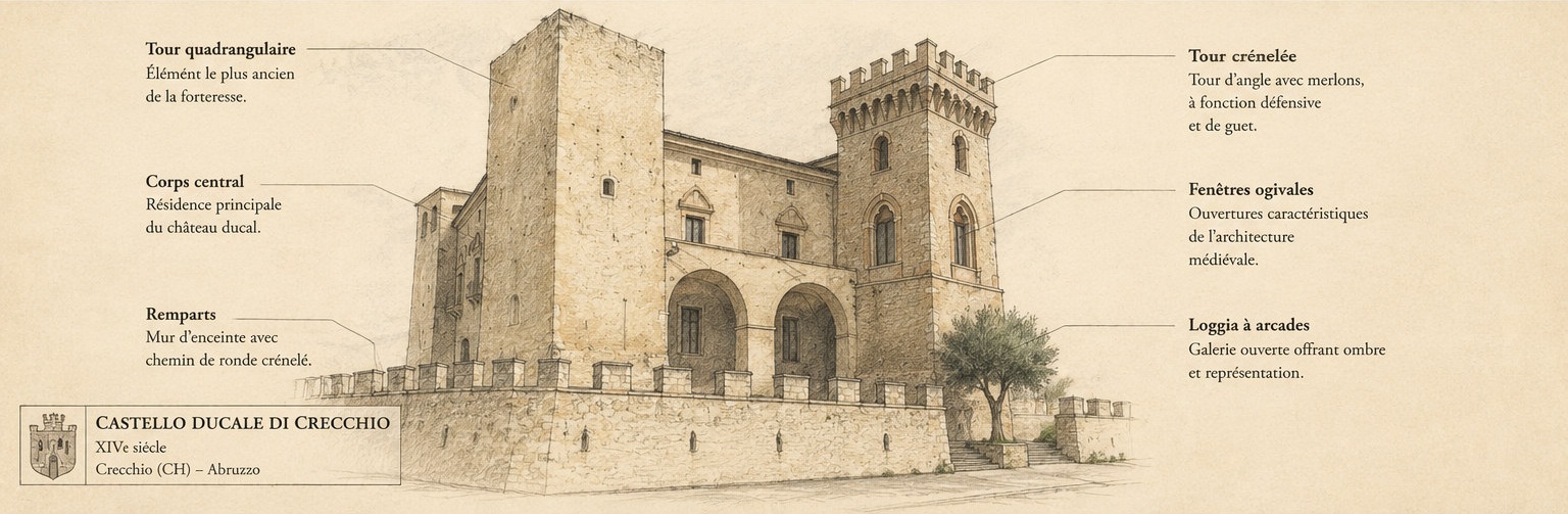 Croquis architectural annoté du Castello Ducale di Crecchio, présentant la tour quadrangulaire, la tour crénelée, le corps central, les fenêtres ogivales, les remparts et la loggia à arcades.