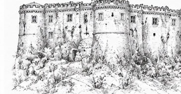 Élévation dessinée de la façade sud du Castello Piccolomini di Balsorano.