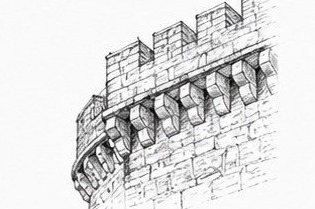 Détail dessiné des mâchicoulis d'une tour du Castello Piccolomini di Balsorano.
