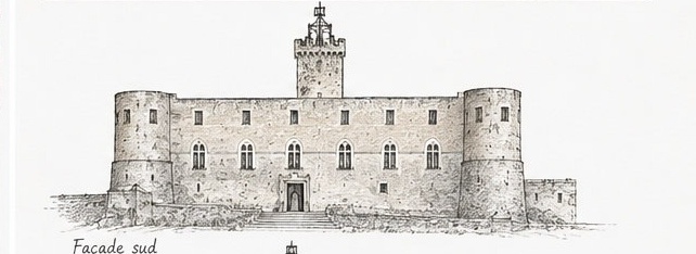 Élévation dessinée de la façade sud du Castello Piccolomini di Capestrano.