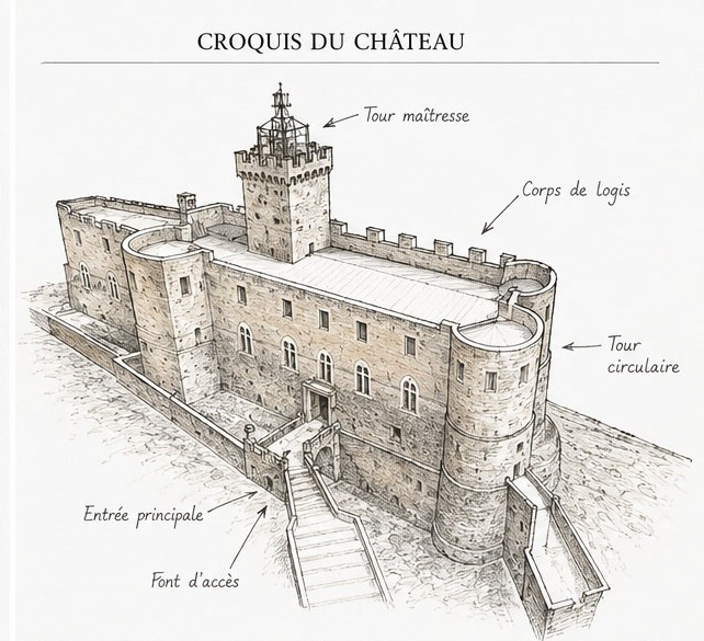 Croquis architectural annoté du Castello Piccolomini di Capestrano, présentant la tour maîtresse, le corps de logis, la tour circulaire et l'entrée principale.