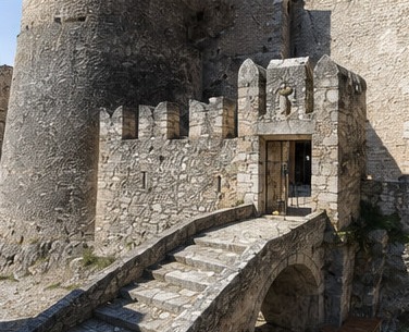 La porte d'entrée fortifiée du Castello Piccolomini di Capestrano, au bout d'une passerelle en pierre.