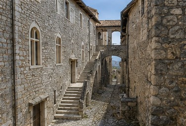 Une ruelle pavée du village de Capestrano, avec son escalier extérieur et son arche de pierre.