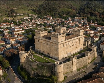 Vue aérienne du Castello Piccolomini di Celano au milieu du village.