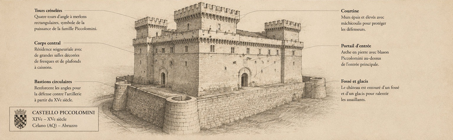 Croquis architectural annoté du Castello Piccolomini di Celano, présentant les tours crénelées, le corps central, les bastions circulaires, la courtine, le portail d'entrée et le fossé.