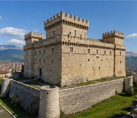 Le Castello Piccolomini di Celano, ses quatre tours crénelées et son enceinte, face aux montagnes.
