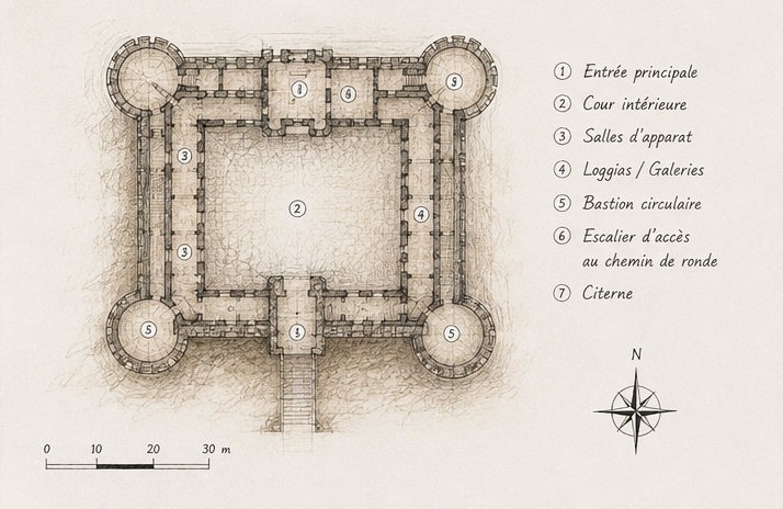 Plan schématique du Castello Piccolomini di Ortucchio, montrant sa cour intérieure carrée et ses quatre bastions circulaires d'angle.