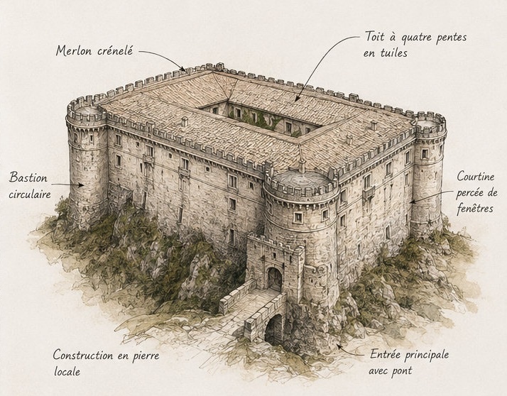 Croquis architectural annoté du Castello Piccolomini di Ortucchio, présentant le toit à quatre pentes, les bastions circulaires et l'entrée principale avec pont.