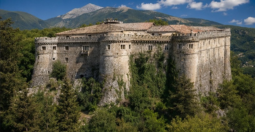 Le Castello Piccolomini di Ortucchio, forteresse quadrangulaire du XVe siècle perchée sur son éperon rocheux, montagnes en arrière-plan.